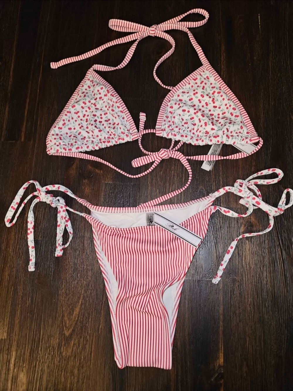 PINK Victoria's Secret Red & White Striped and Floral Tie Bikini